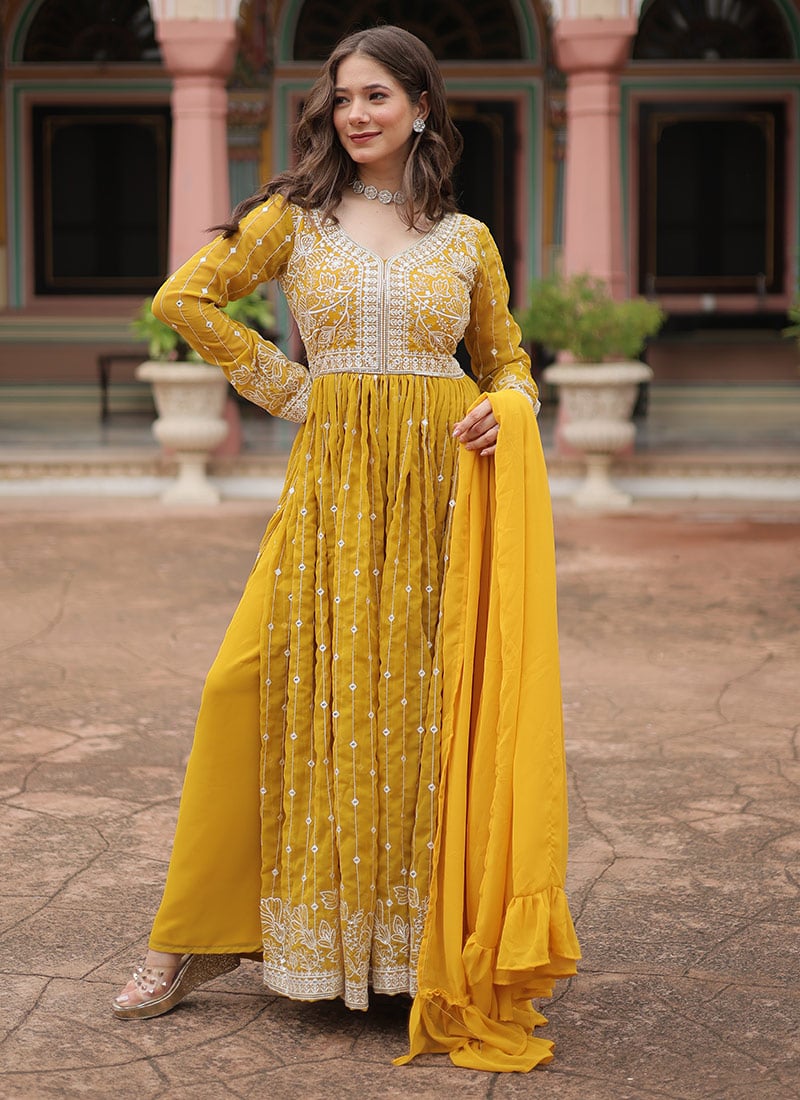 Yellow Georgette Embroidered Sequins Anarkali Suit Festive Wear