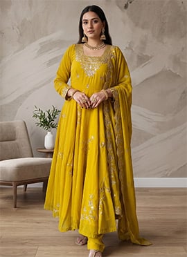 Yellow Georgette Embroidered Sequins Anarkali Suit