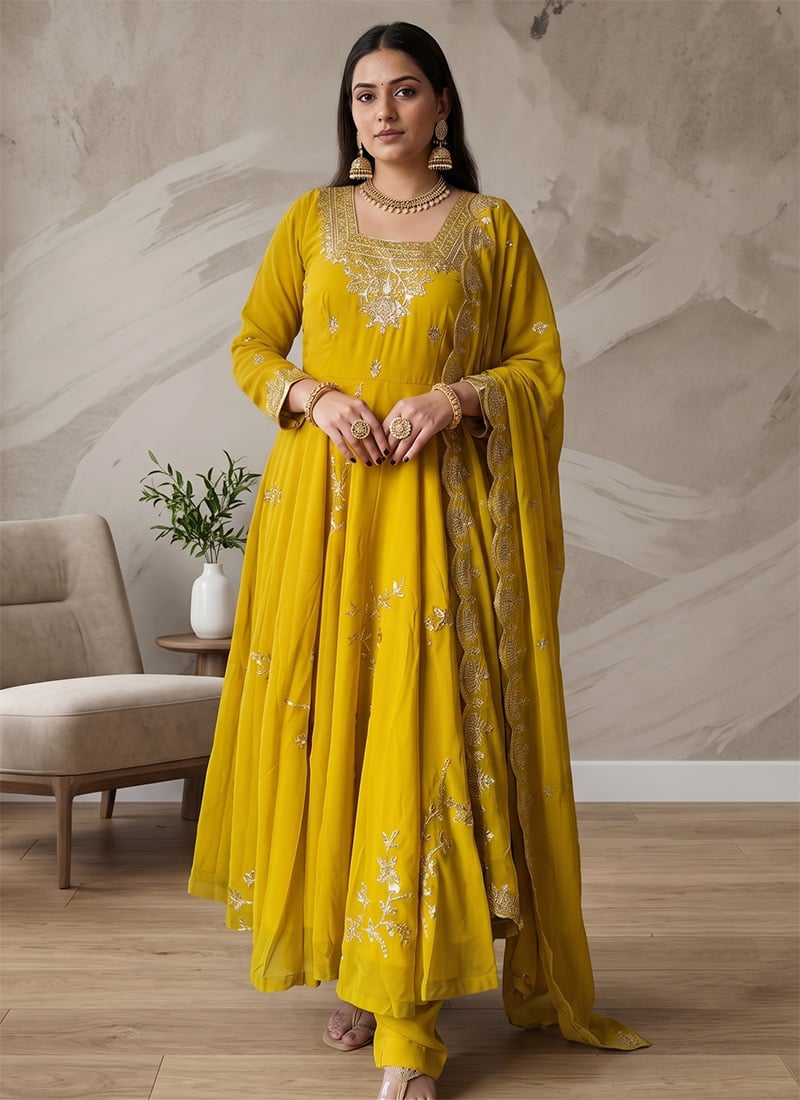 Yellow Georgette Embroidered Sequins Anarkali Suit Festive Wear