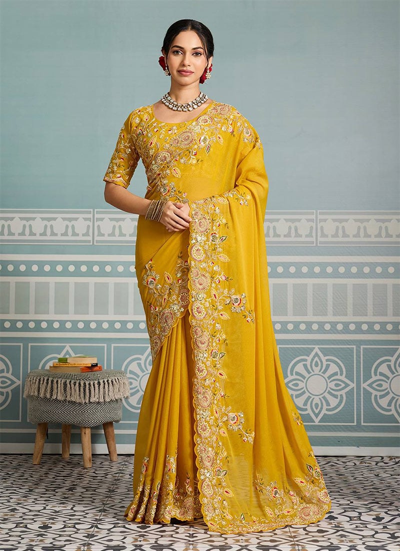 Yellow Georgette Embroidered Sequins And Cut Work Saree Festive Wear