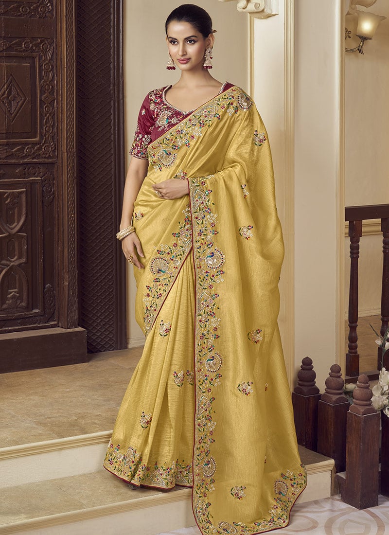 Yellow Georgette Embroidered Sequins And Stones Saree Wedding Wear