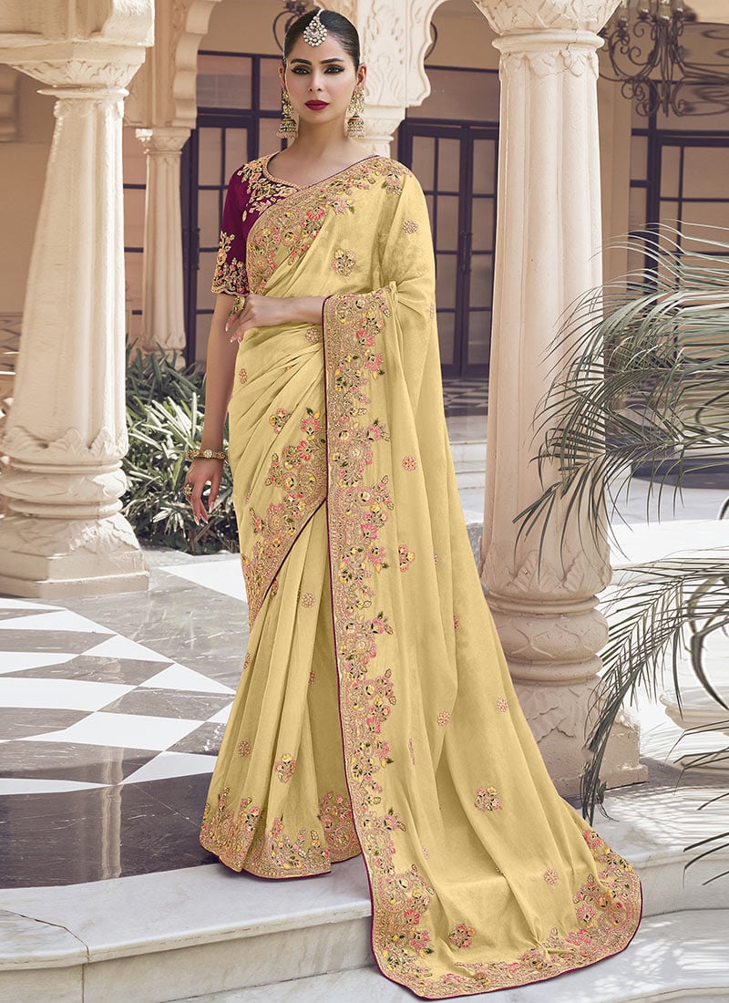 Yellow Georgette Embroidered Sequins And Stones Saree