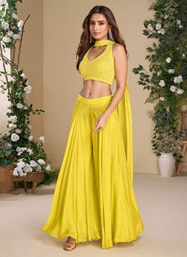 Yellow Georgette Embroidered Sequins Beads Indowestern Palazzo Set