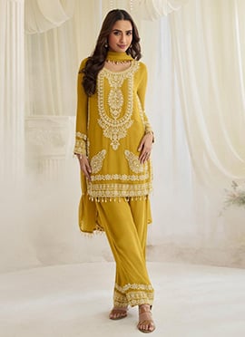 Yellow Georgette Embroidered Sequins Beads Straight Pant Suit