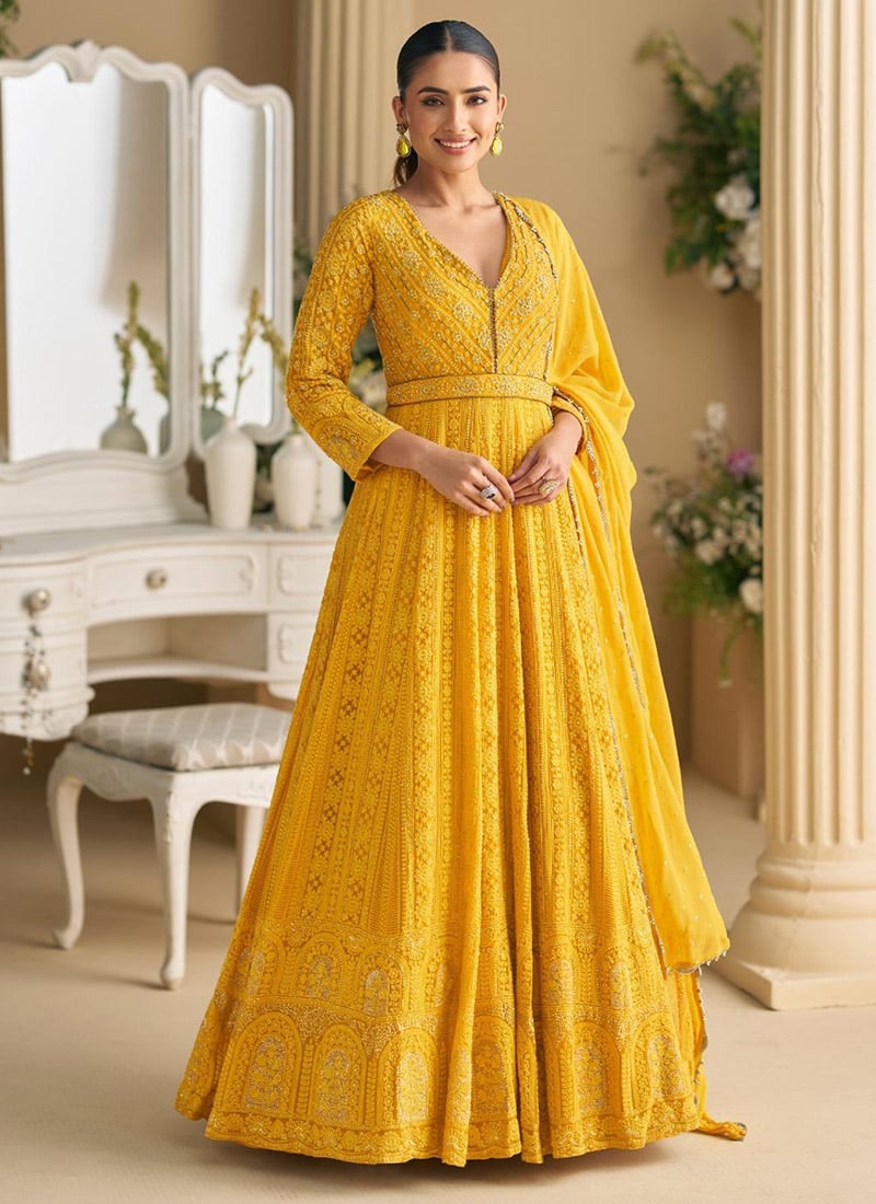 Yellow Georgette Embroidered Sequins Chikankari Anarkali Suit Festive Wear