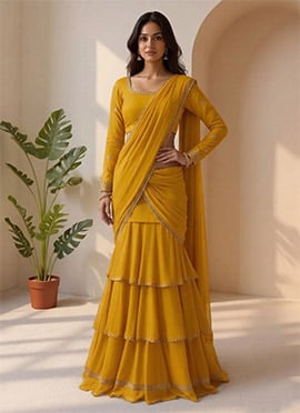 Yellow Georgette Embroidered Sequins Lehenga Saree