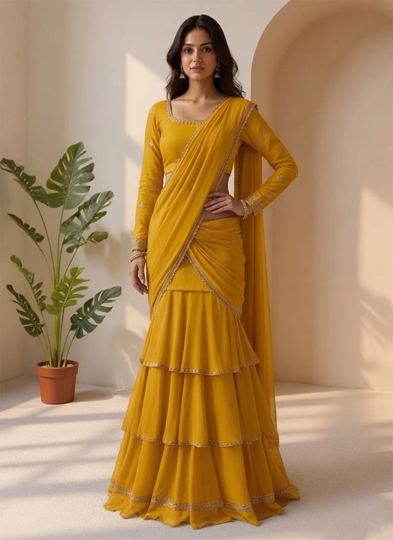 Yellow Georgette Embroidered Sequins Lehenga Saree Festive Wear