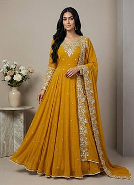 Yellow Georgette Embroidered Sequins Moti Anarkali Suit
