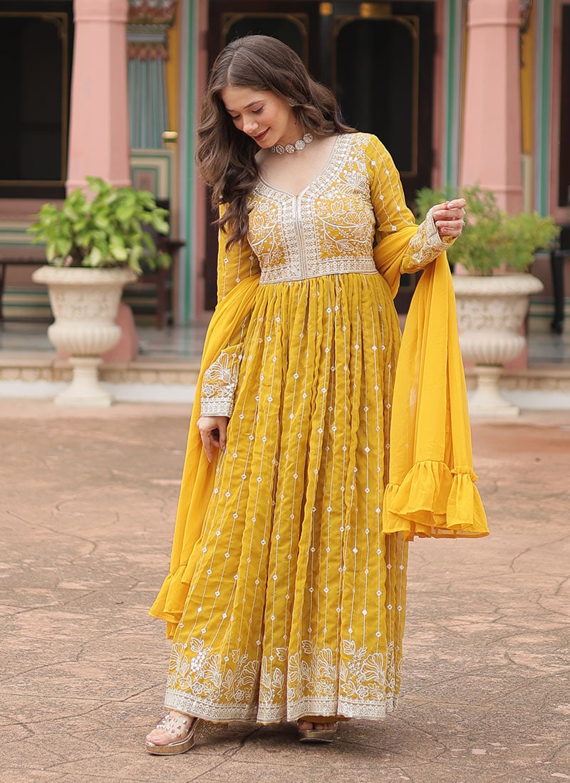 Yellow Georgette Embroidered Sequins Palazzo Suit Festive Wear