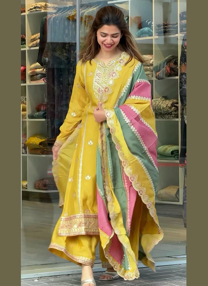 Yellow Georgette Embroidered Sequins Palazzo Suit Festive Wear