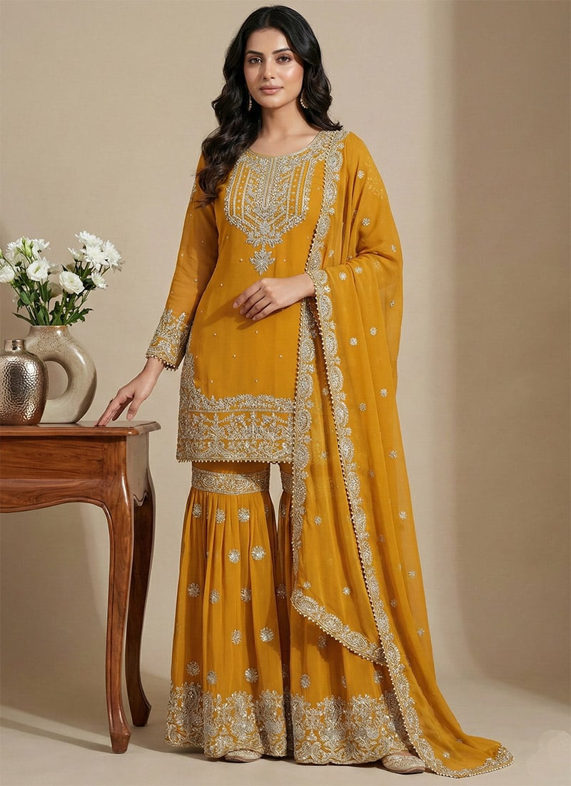 Yellow Georgette Embroidered Sequins Sharara Suit Festive Wear