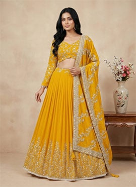 Yellow Georgette Embroidered Sequins Umbrella Lehenga