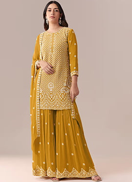 Yellow Georgette Embroidered Sharara Suit