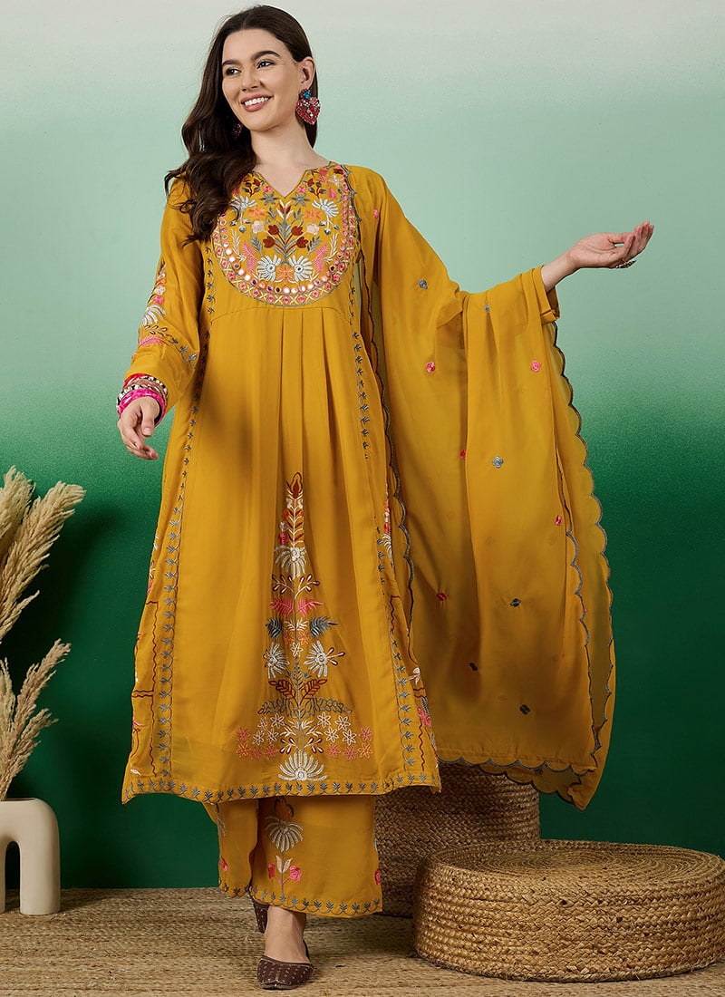 Yellow Georgette Embroidered Straight Pant Suit Festive Wear