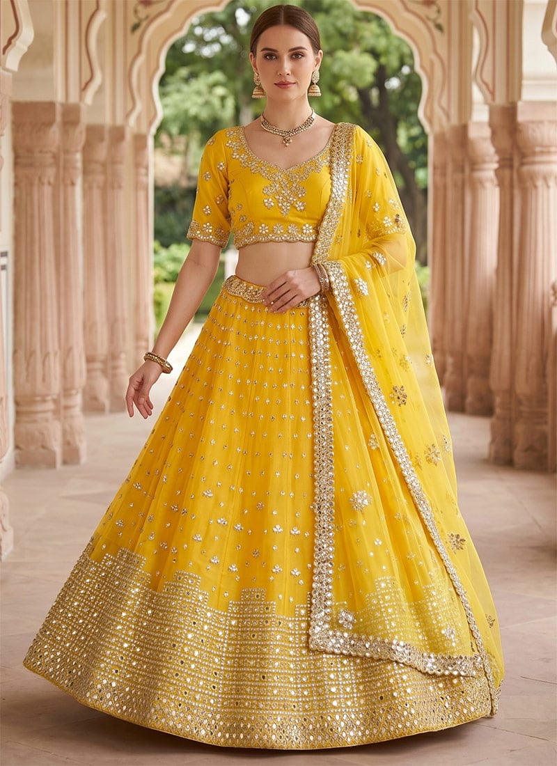 Yellow Georgette Embroidery Sequins Lehenga Wedding Wear