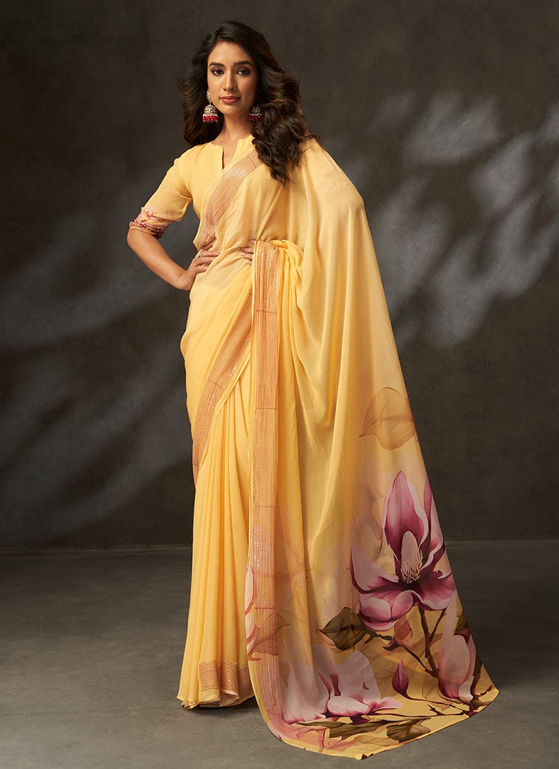 Yellow Georgette Floral Digital Print Saree Leisure Wear