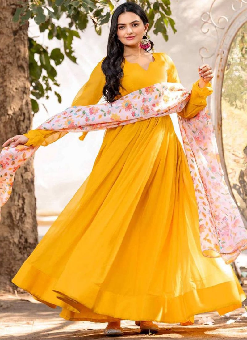 Yellow Georgette Floral Print Dupatta Anarkali Suit After Six Wear