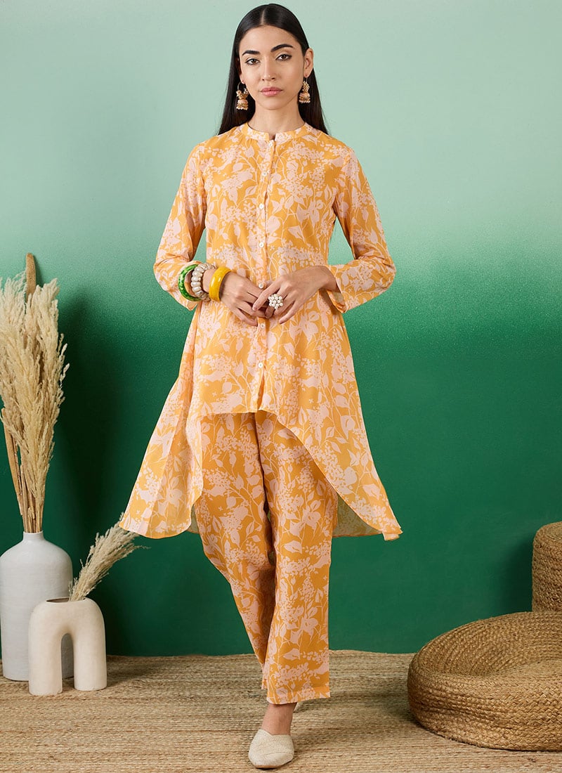 Yellow Georgette Floral Print Indowestern Co ord Set