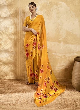 Yellow Georgette Floral Printed Saree