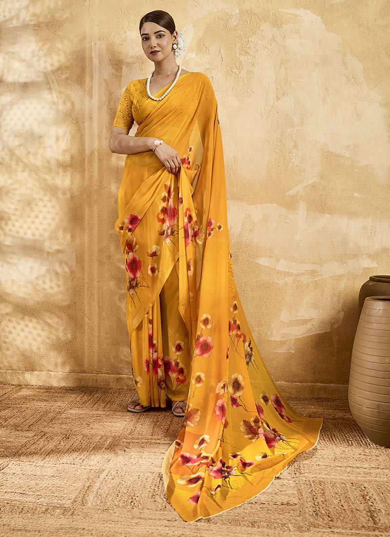 Yellow Georgette Floral Printed Saree After Six Wear