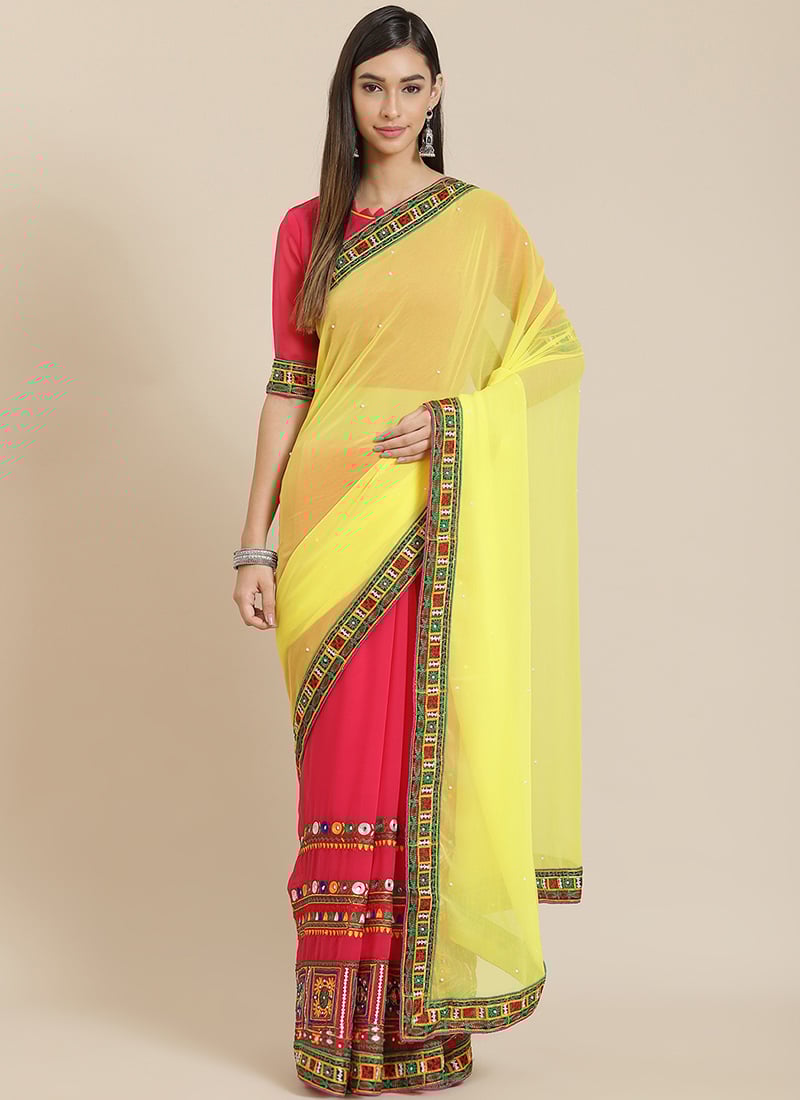 Yellow Georgette Half And Half Embroidered Kutch Work Saree Party Wear-SASSAF13