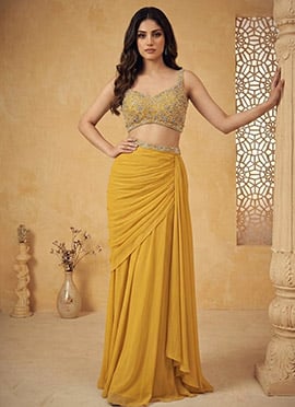 Yellow Georgette Hand Embroidered Cut Dana Beads And Stones Indowestern Skirt Set