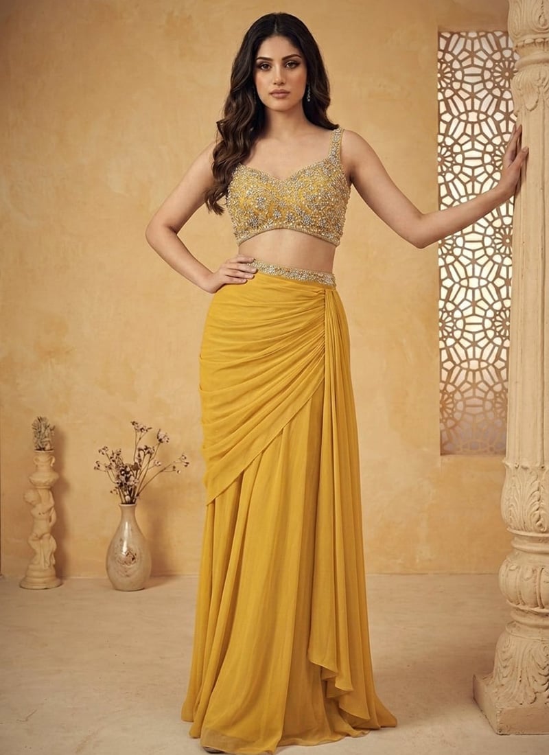 Yellow Georgette Hand Embroidered Cut Dana Beads And Stones Indowestern Skirt Set Wedding Wear