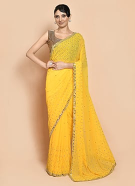 Yellow Georgette Hand Embroidered Saree