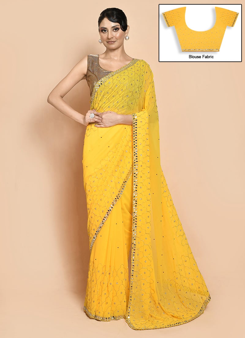 Yellow Georgette Hand Embroidered Saree Wedding Wear