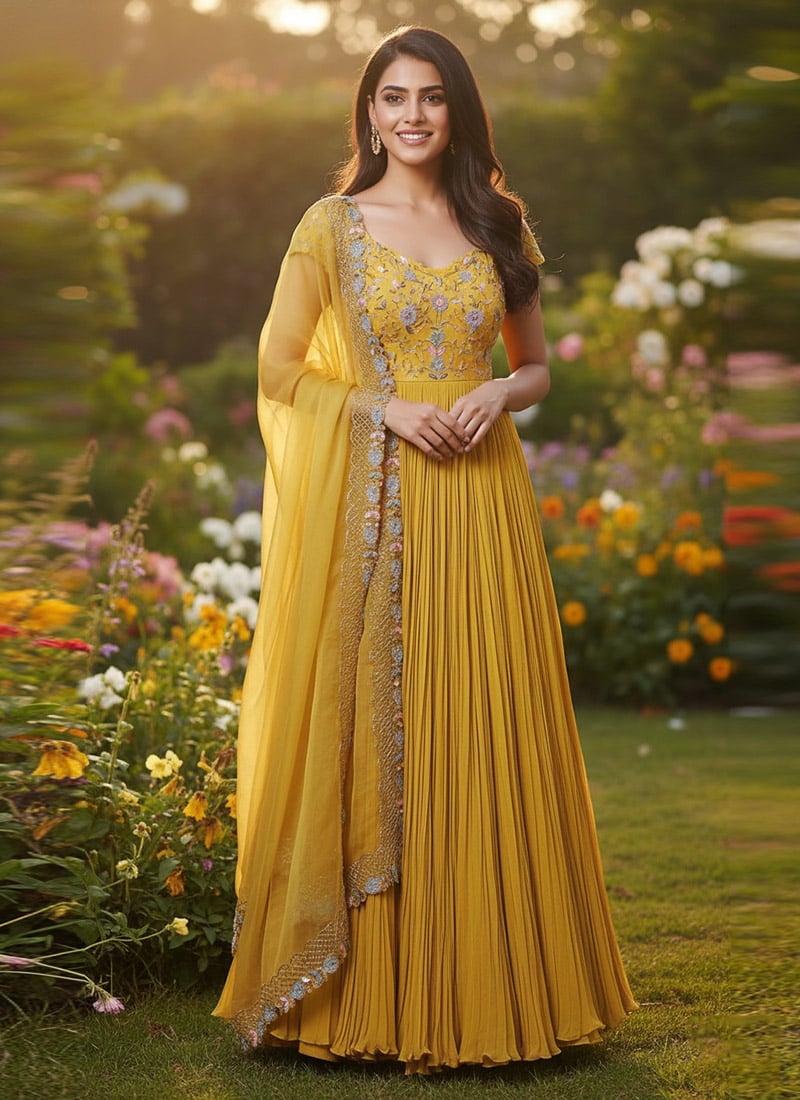 Yellow Georgette Hand Embroidered Sequins Anarkali Suit Festive Wear