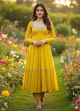 Yellow Georgette Hand Embroidered Sequins Anarkali Suit