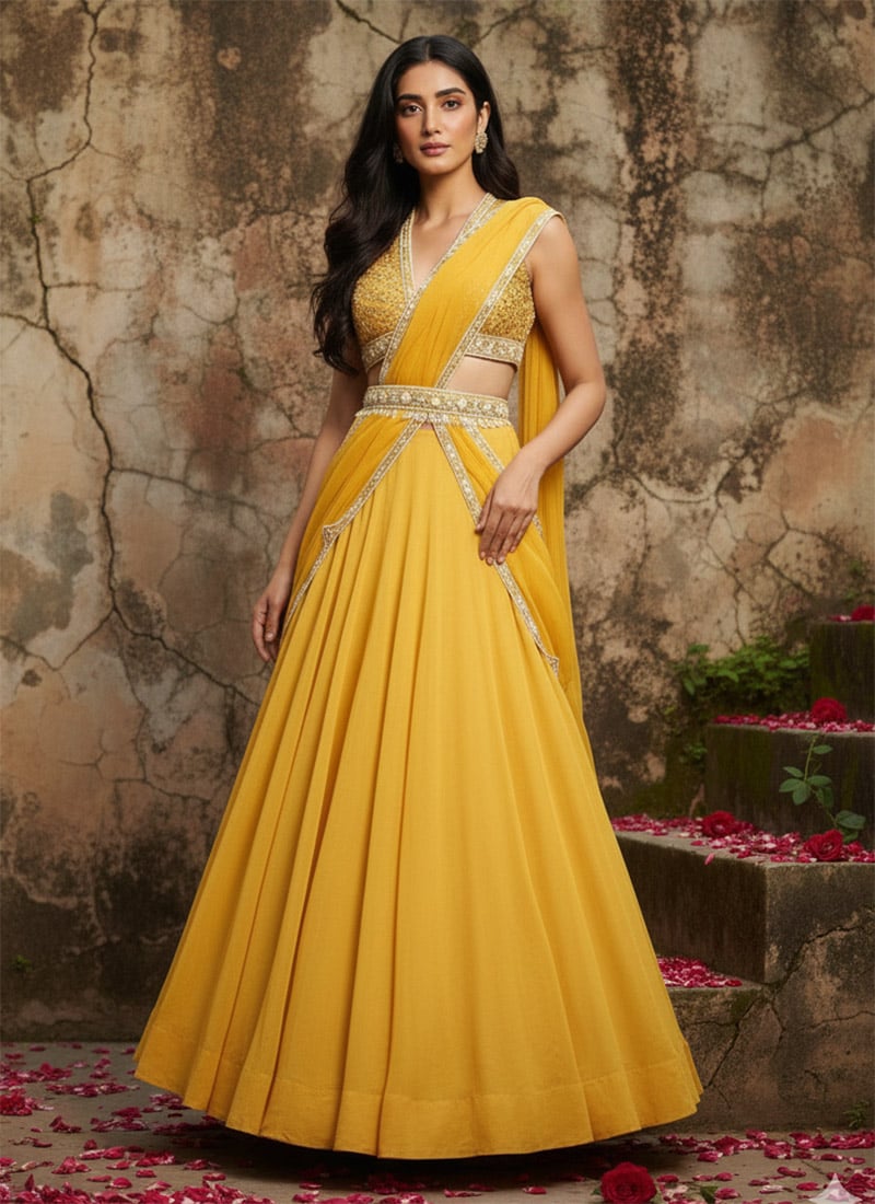 Yellow Georgette Hand Embroidered Sequins Lehenga Wedding Wear