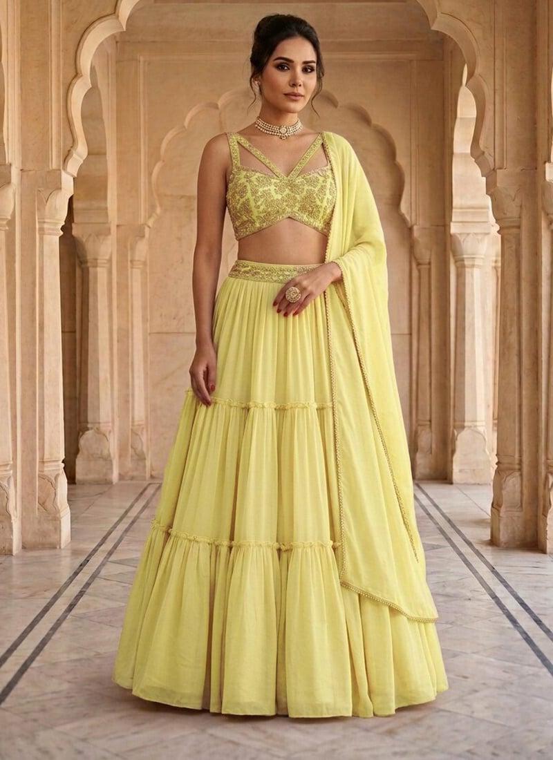 Yellow Georgette Hand Embroidered Sequins Lehenga Wedding Wear