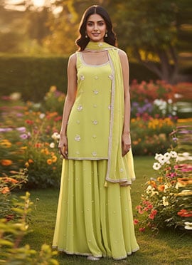 Yellow Georgette Hand Embroidered Sequins Palazzo Suit