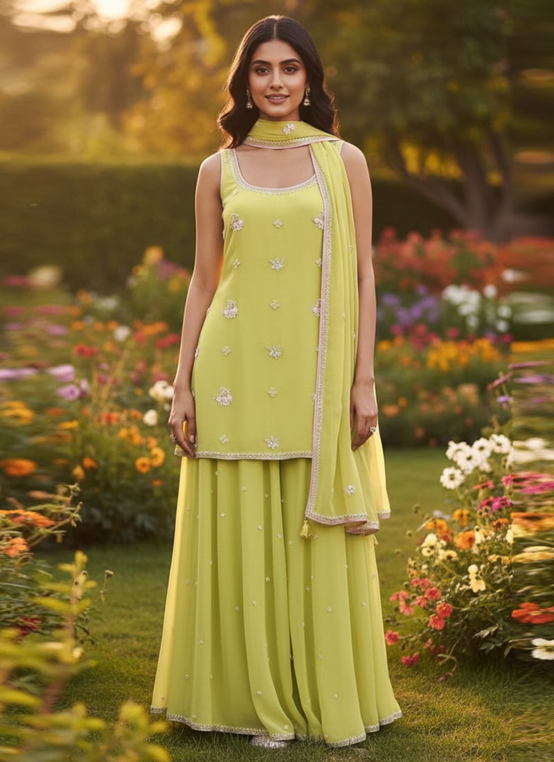 Yellow Georgette Hand Embroidered Sequins Palazzo Suit  Festive Wear