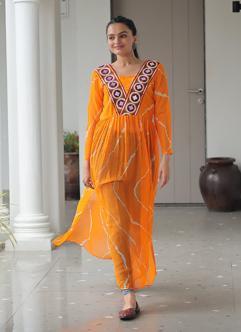 Yellow Georgette Leheriya Print With Kutch Patch Work Long Kurti