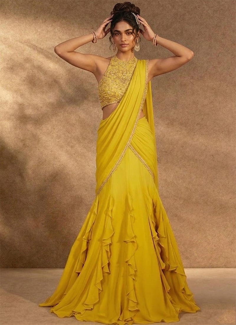 Yellow Georgette Mermaid Lehenga Set With Sequins Hand Embroidery Wedding Wear