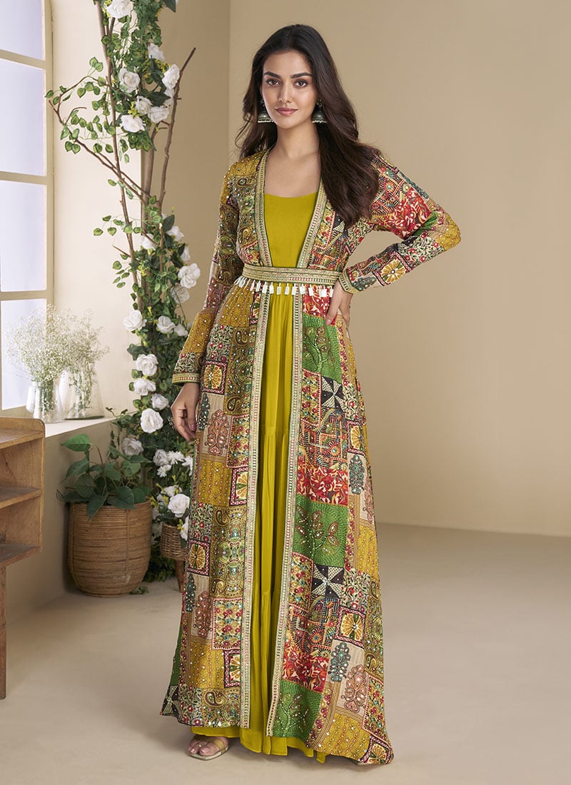 Yellow Georgette Printed Embroidered Sequins Stones Mirror Work  Jacket With Gown