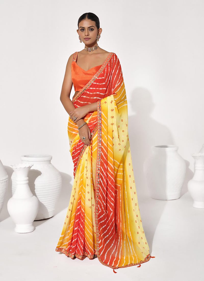 Yellow Georgette Printed Saree With Embroidery