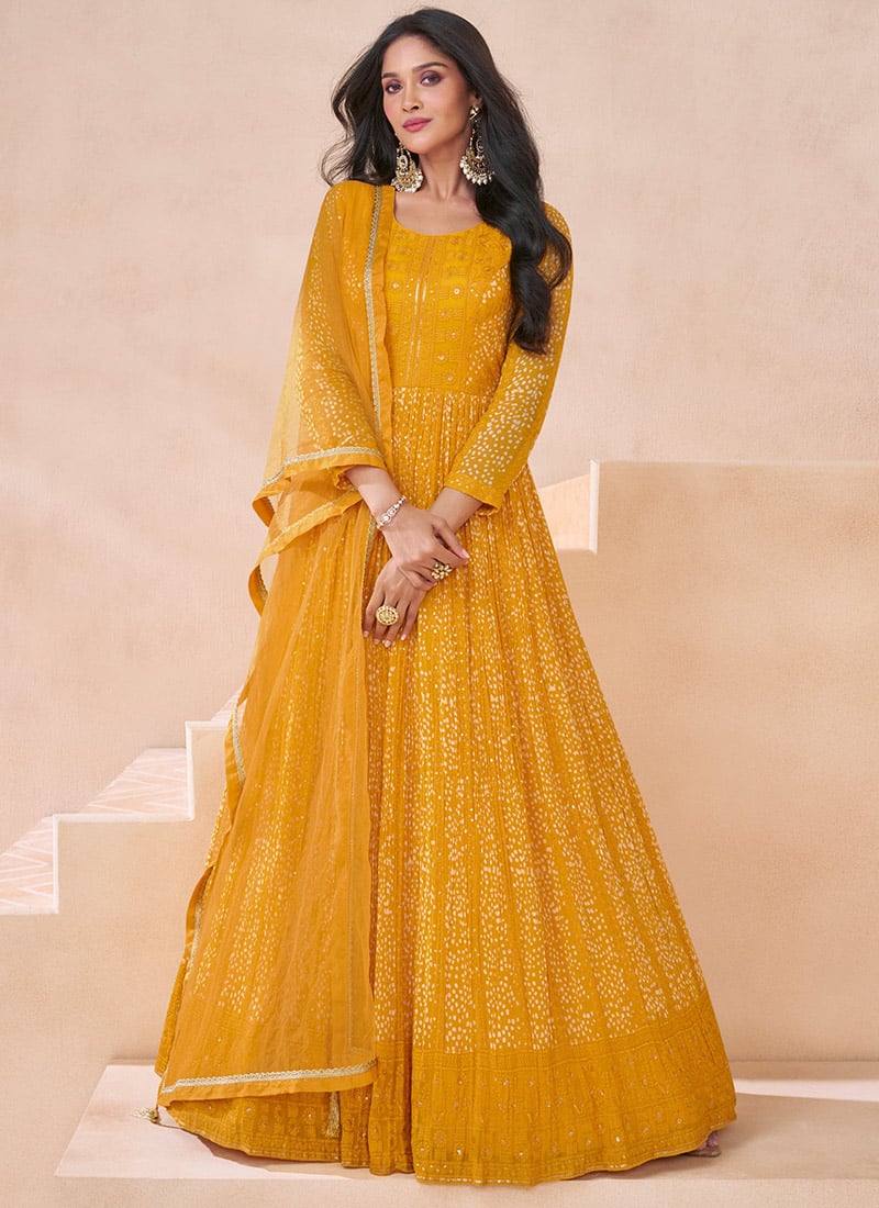 Yellow Georgette Printed Sequins Anarkali Suit Festive Wear