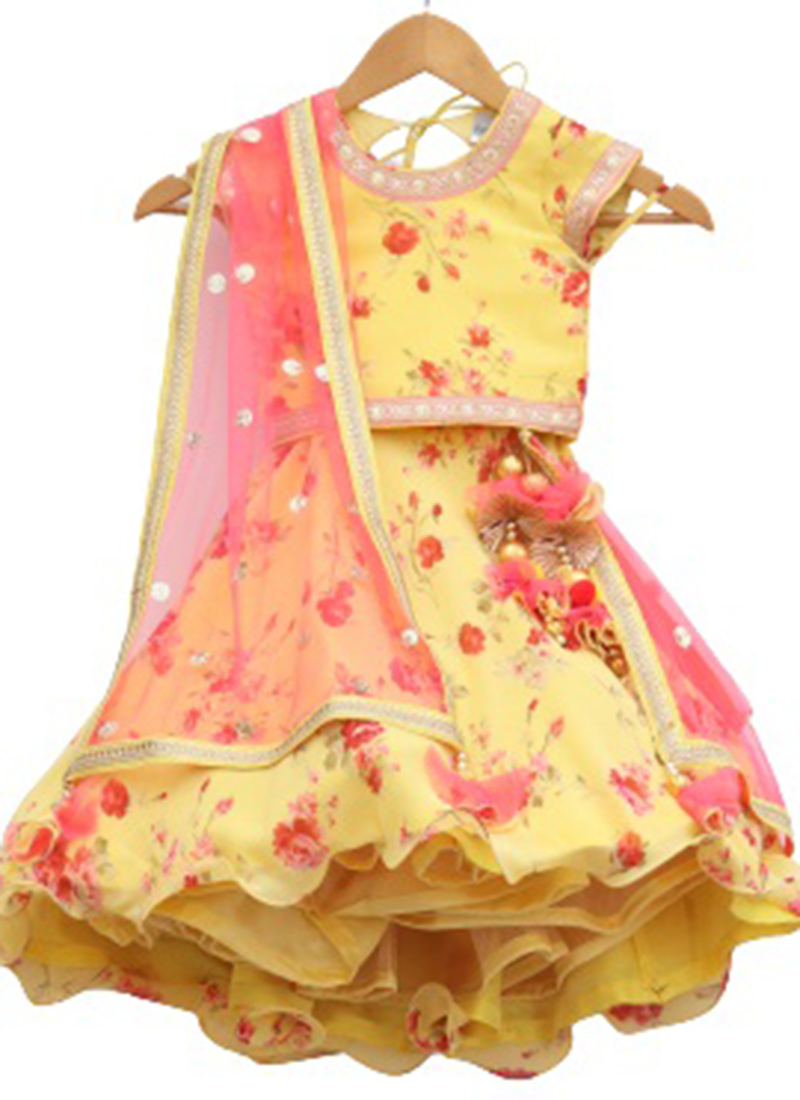 Yellow Georgette Printed Umbrella Lehenga