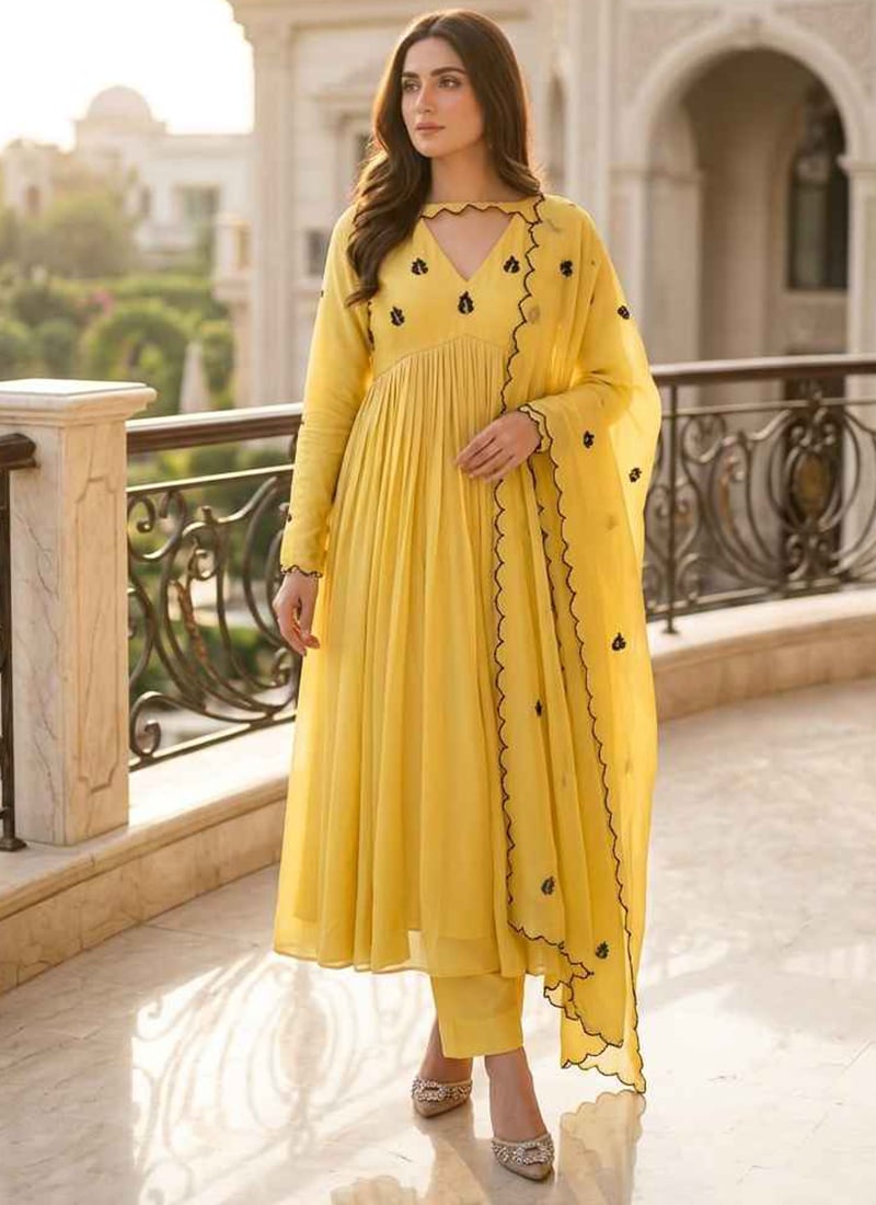 Yellow Georgette Resham Embroidered Anarkali Suit After Six Wear