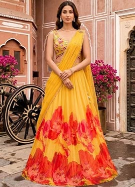 Yellow Georgette Resham Sequins And Beads Hand Embroidered Digital Print Lehenga