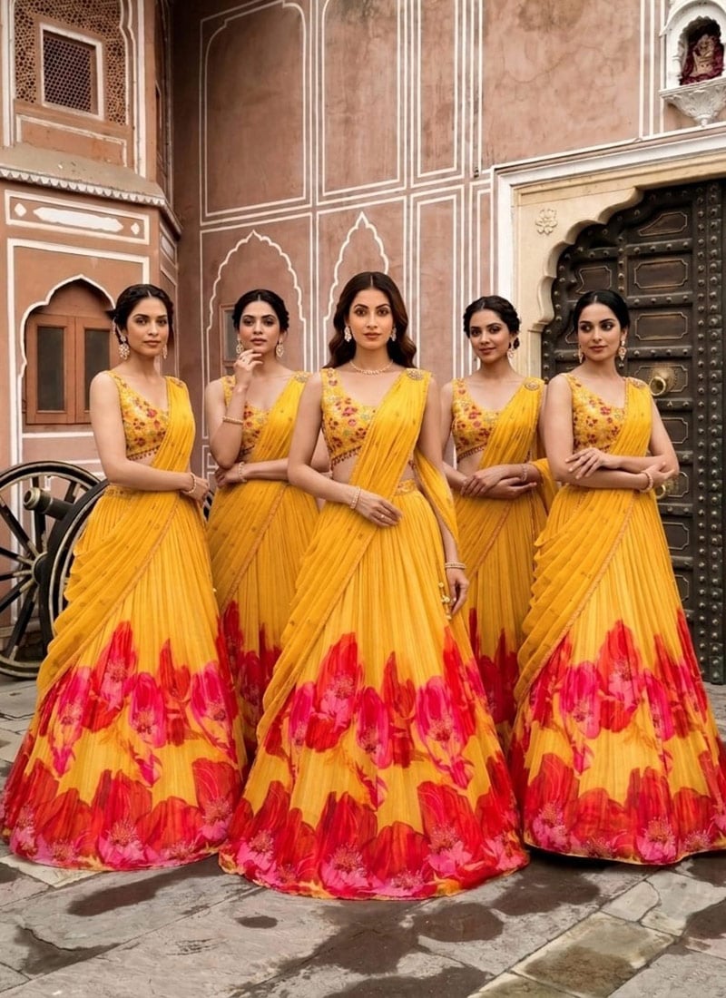 Yellow Georgette Resham Sequins And Beads Hand Embroidered Digital Print Lehenga Wedding Wear