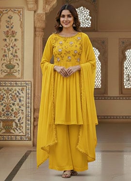 Yellow Georgette Resham Sequins Palazzo Suit