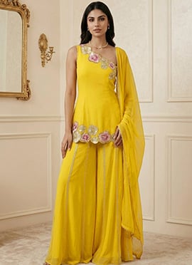 Yellow Georgette Resham Zari Sequins Palazzo Suit