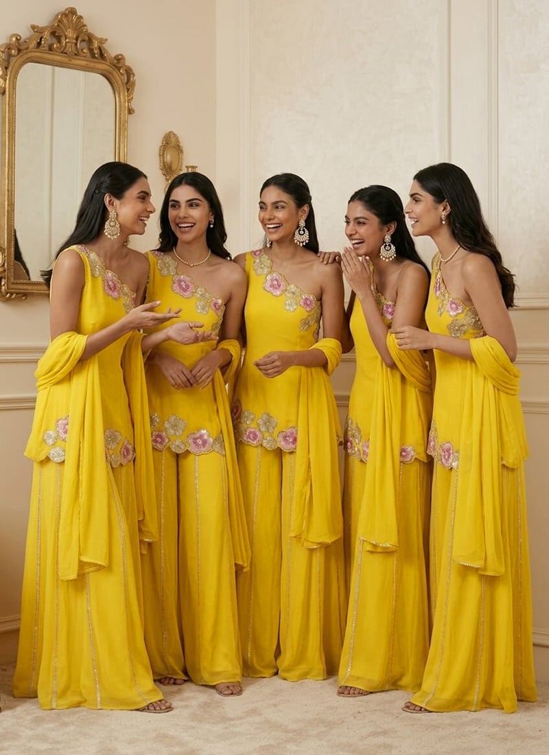 Yellow Georgette Resham Zari Sequins Palazzo Suit After Six Wear