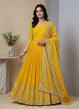 Yellow Georgette Sequins Embroidered Anarkali Suit
