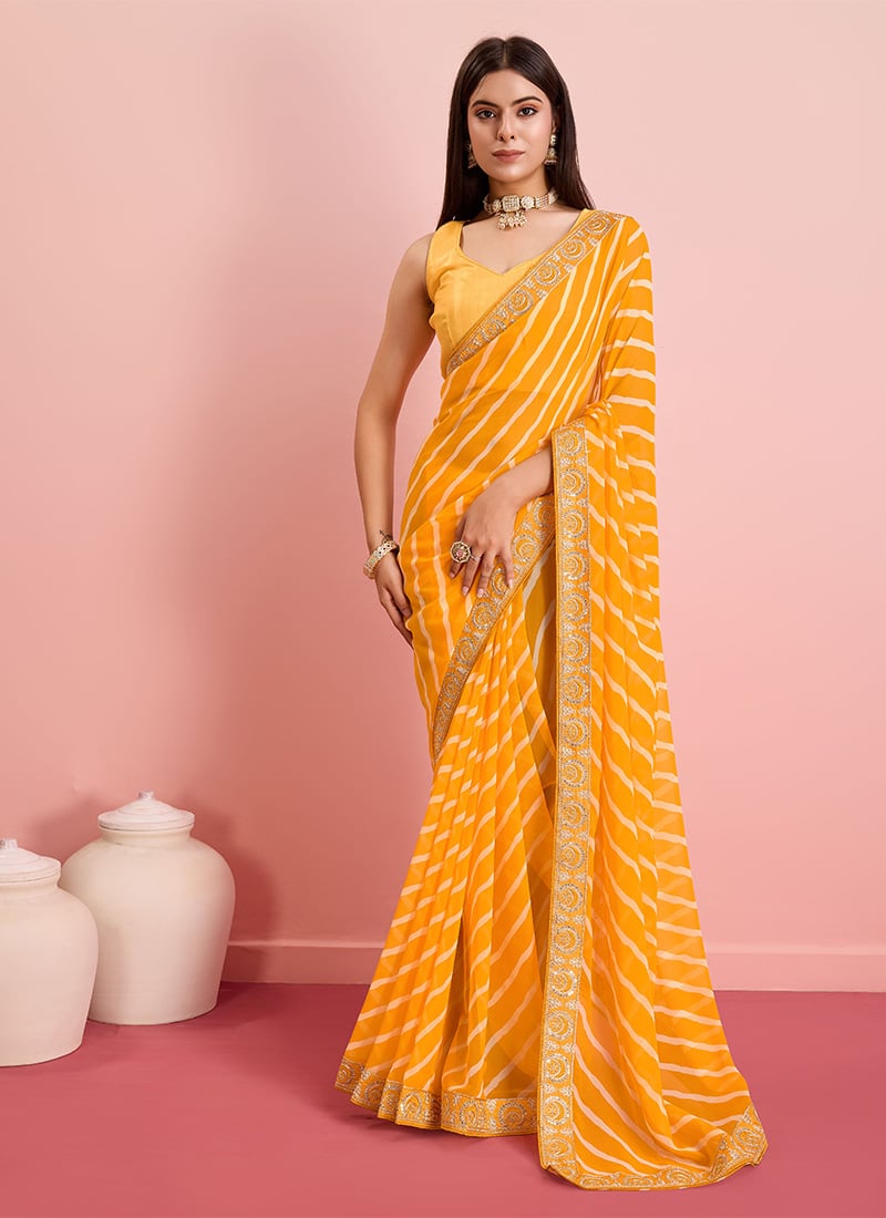 Yellow Georgette Sequins Leheriya Print Saree With Blouse For Classy Women Party Wear