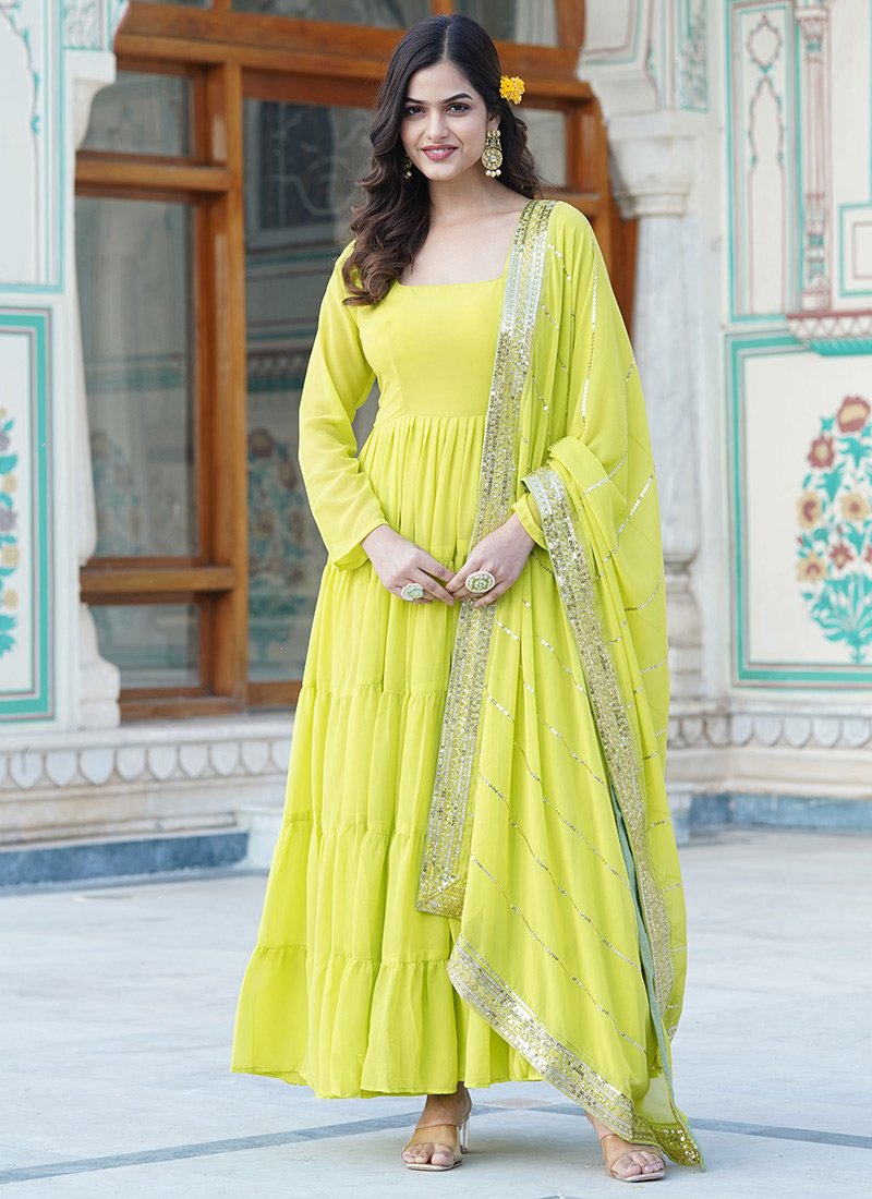 Yellow Georgette Sequins Regal Anarkali Suit After Six Wear